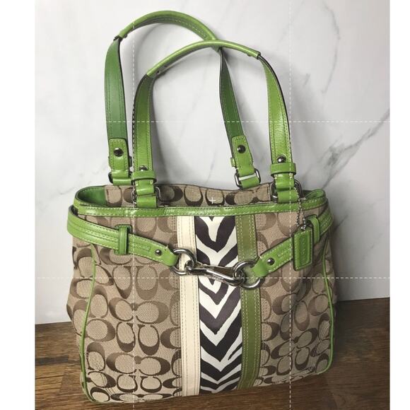 Coach Tan Monogram Green Leather Shoulder Handbag E0951-F13993 - Picture 1 of 12